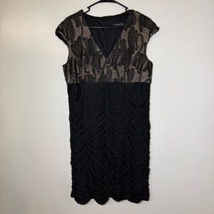 New Scarlett Nite Black Tan V-Neck Sheer Formal Ruffle Sheath